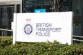 London, United Kingdom. August 22, 2009 - British transport police logo and sign outside headquarters building in Camden, London