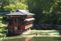 London, United Kingdom. August 22, 2009 - View of a chinese restaurant on a river, in green park. Copy space