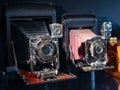 Exposition of film vintage cameras. Camera technology evolution concept