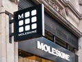 London, United Kingdom - February 01, 2019: Black and white Moleskine logo on their shop at Oxford Street. It is Italian paper and Royalty Free Stock Photo