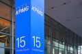 London, United Kingdom - February 03, 2019: Blue KPMG signage at entrance to their offices on 15 Canada Square in Canary Wharf -