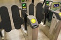 London, United Kingdom - February 01, 2019: Detail on Oyster turnstile gates at London Bridge underground station. Oystercards