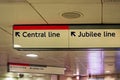 London, United Kingdom - February 01, 2019: Direction tables with arrows pointing to Central and Jubilee line in London