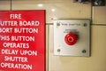 London, United Kingdom - February 02, 2019: Emergency fire shutter button at underground train station wall, with instructions on