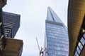 London, United Kingdom - February 01, 2019: Looking up modern glass and steel Shard building on overcast day. It is tallest