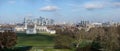 London, United Kingdom - February 02, 2019: Panorama of Canary Wharf skyscrapers, National Maritime museum in front, O2 arena on Royalty Free Stock Photo