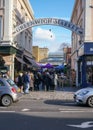 London, United Kingdom - February 02, 2019: People visiting Greenwich Market World Heritage Site on sunny Saturday morning,