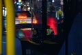 London, United Kingdom - February 01, 2019: Public transport bus front interior in the night, closeup detail to driver compartment Royalty Free Stock Photo