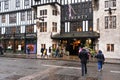 London, United Kingdom - February 01, 2019: Tudor stylised building Liberty`s on rainy day. It`s department store in Great