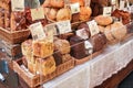 London, United Kingdom - February 01, 2019: Various types of home made artisan dough breads on display at street food market. Royalty Free Stock Photo