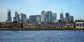 London, United Kingdom - February 03, 2019: View over river Thames on Canary Wharf, major financial district, with Royalty Free Stock Photo