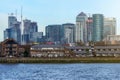 London, United Kingdom - February 03, 2019: View over river Thames on Canary Wharf, major financial district, with residential Royalty Free Stock Photo