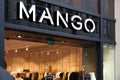 London, United Kingdom - February 01, 2019: White neon sign at MANGO branch entrance in Oxford street. Punto Fa, trading as Mango