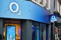 London, United Kingdom - February 01, 2019: White O2 logo at entrance to one of their branch in central London. Telefonica is
