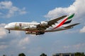 Emirates Airlines special livery Airbus A380 A6-EUA passenger plane landing at London Heathrow Airport Royalty Free Stock Photo