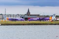 Flybe Bombardier DHC-8-400 airplanes London City airport Royalty Free Stock Photo