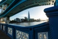 View of embankment with Shard, City Hall through Tower Bridge construction