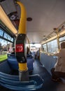 London, United Kingdom - March 17, 2007: Extreme wide fisheye photo, public transport bus, with blurred passengers commuting on