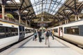 London, United Kingdom - May 14, 2019: Stansted Express Train on the platform at Victoria railway Station, Modern