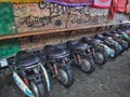 London, United Kingdom - October 2015: Cafe outdoor seat with motorbike seat at Camden Town