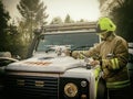 Engineer tuning some drones next to a fire vehicle