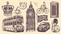 Hand drawn sketch England set. London vector illustration. Great Britain collection elements in vintage engraving style Royalty Free Stock Photo