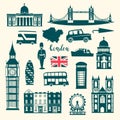 London vector illustration set. Cartoon United Kingdom skyline silhouette