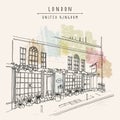 London vector sketch postcard. London city, England, United Kingdom, Europe. Traditional English beer pub and old town house. Royalty Free Stock Photo
