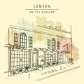 London vector sketch postcard. London city, England, United Kingdom, Europe. Traditional English beer pub and old town house. Royalty Free Stock Photo