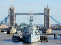 London cityscape, View from London Bridge on HMS Belfast and Tower Bridge