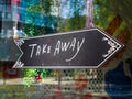 Take Away food sign in shop display window. London lockdown. Royalty Free Stock Photo