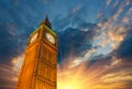 London, Wonderful upward view of Big Ben Tower and Clock at suns