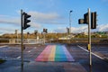 LONDONDERRY - NORTH IRELAND - JANUARY 01-2022 zebra crossing painted in LGBT flag colors, concept pride month