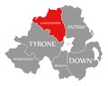 Londonderry red highlighted in map of Northern Ireland