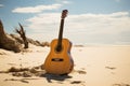 A lone acoustic guitar stands tall, serenading the sands with its melodies.