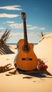 A lone acoustic guitar stands tall, serenading the sands with its melodies.