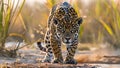 A lone adventurer pauses by a riverbank as a sleek jaguar stealthily stalks towards a nearby watering hole. The