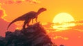 A lone Allosaurus stands tall on a rocky outcrop the oranges and pinks of the sky reflecting off its shiny scales