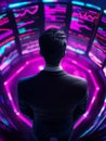 Analyst in a Futuristic Financial Center A lone analyst reviews data streams symbolizing finance technology future analysis