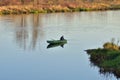 A lone angler on a boat in the middle of the river on a quiet day. Summer