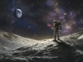 lone astronaut exploring a lunar surface under the stars