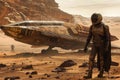 A lone astronaut in a futuristic space suit stands proudly in front of an advanced aircraft on the barren landscape of
