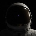 A lone astronaut helmet appears against a backdrop of deep space, scattered with distant stars.