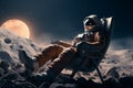 Lone astronaut rests in a chair on the moons tranquil surface