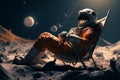 Lone astronaut rests in a chair on the moons tranquil surface