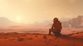 Lone astronaut in space suit sitting on the Martian surface, looking at the vast, arid landscape of the planet
