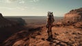 A lone astronaut standing on the surface of the red planet Mars. He looks around and observes the breathtaking view. Royalty Free Stock Photo