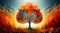 Lone autumn tree with vibrant yellow orange red foliage in heart of dense autumn forest