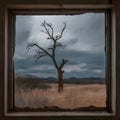 Lone Bare Tree Through Cracked Window Frame Over Stormy Golden Field Scene Royalty Free Stock Photo