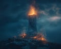 Lone Beacon Fire Burning Atop a Medieval Watchtower The flames blur with stone